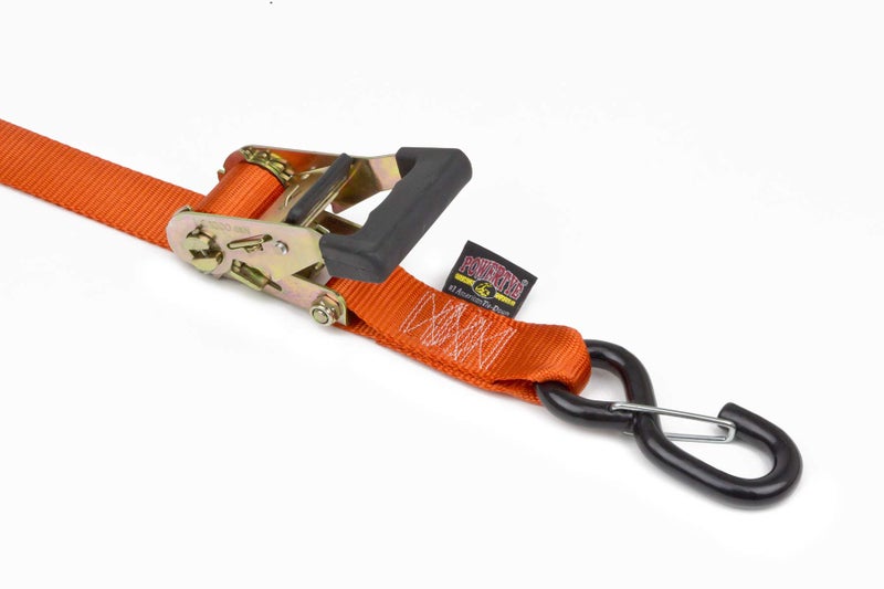 PowerTye 1.5in x 7ft Rubber Handle Ratchet Straps with SHEEPTEX Synthetic Sheepskin Soft-Tye w/Heavy Duty Latch-Hooks - 1,200 lb. WLL / 3,600 lb. Breaking Strength - Made in USA, Orange (Pair) - Image 2